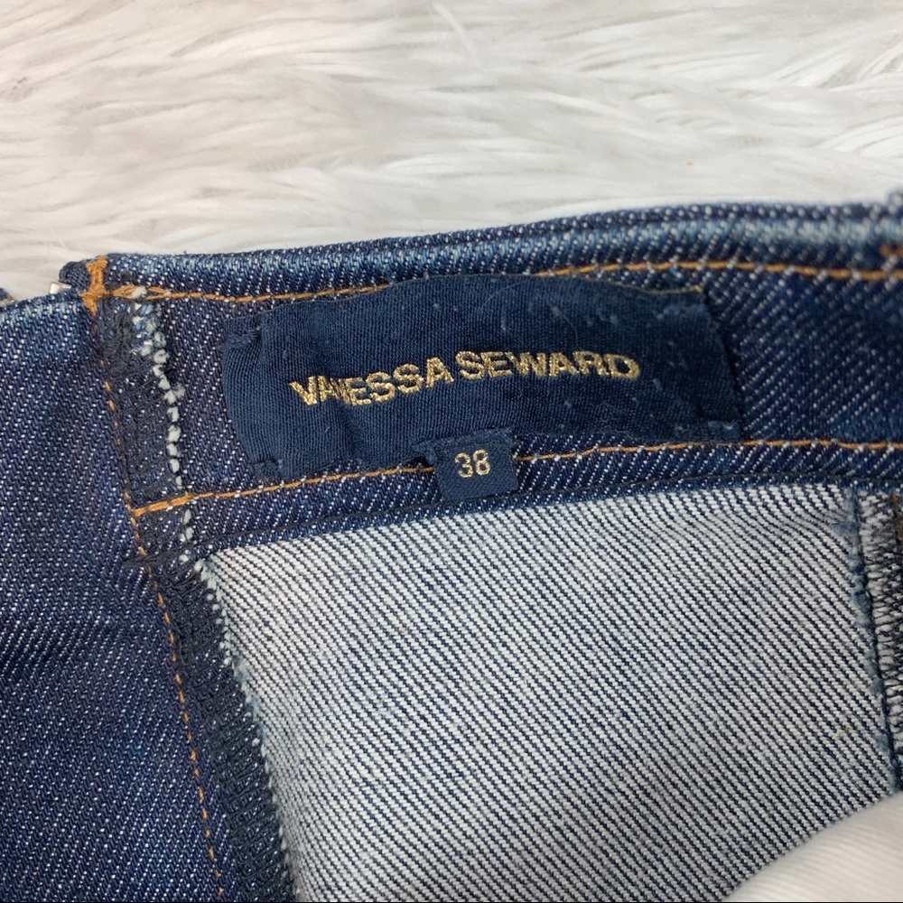 Vanessa Seward denim a-line skirt high waisted pockets dark wash solid blue - Picture 10 of 10